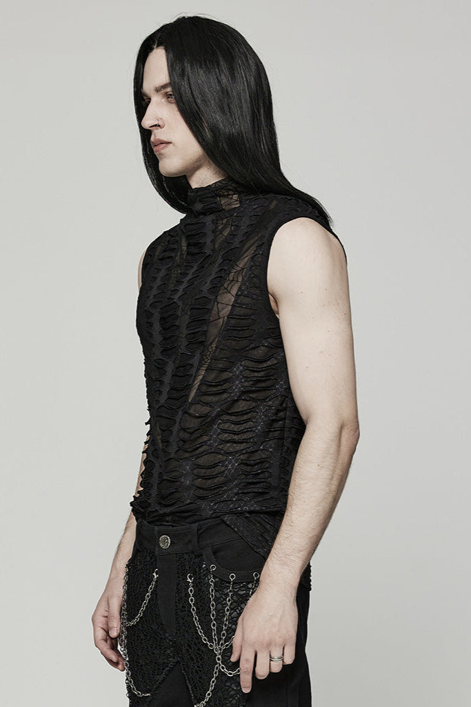 Side view of model wearing distressed sleeveless mesh top with high neck and spiderweb detailing