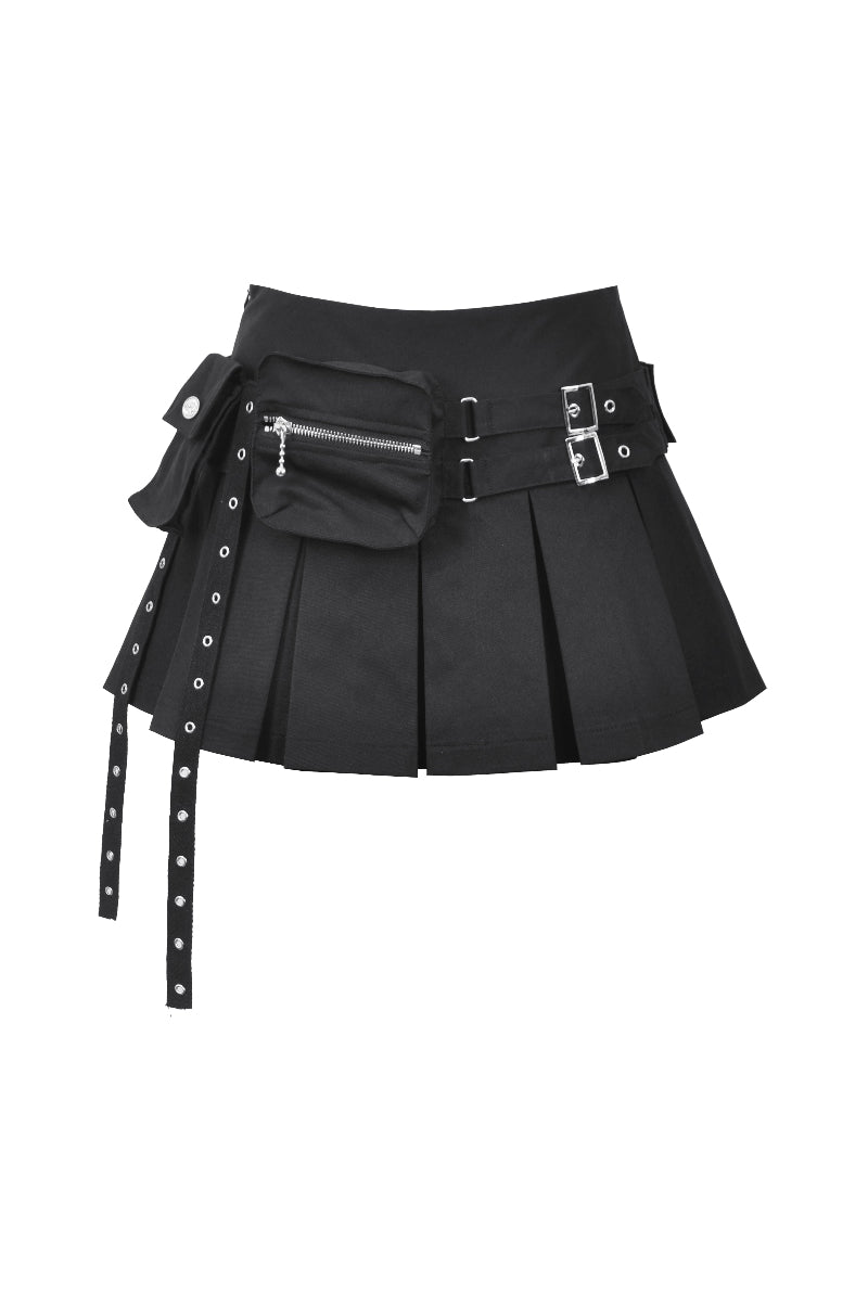 Black techwear-inspired pleated mini skirt with detachable utility belt, zip pocket, and metal buckle details – edgy festival and streetwear fashion.