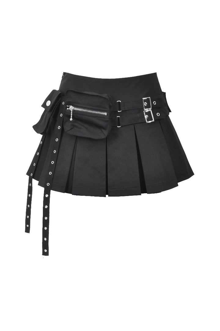Black techwear-inspired pleated mini skirt with detachable utility belt, zip pocket, and metal buckle details – edgy festival and streetwear fashion.