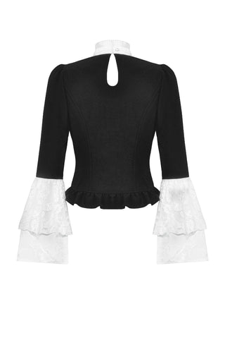 Flat lay back view of black blouse with white lace flared sleeves and high collar