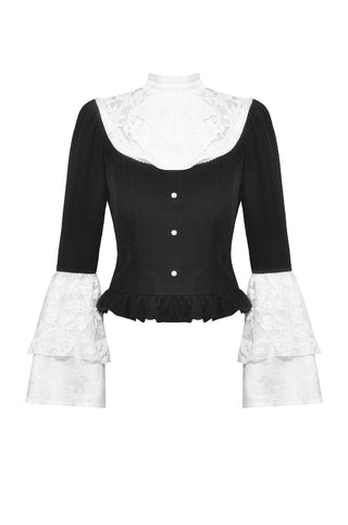 Flat lay front view of black and white blouse with lace collar and flared sleeves