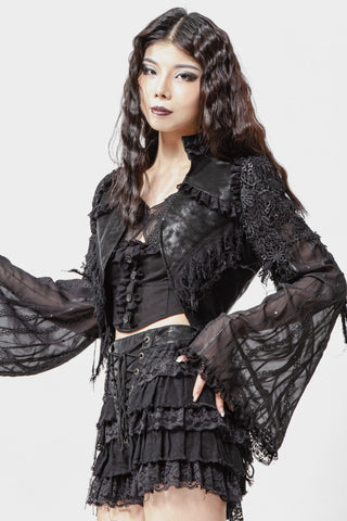 Black Gothic bolero jacket with flared chiffon sleeves and lace appliqué, layered over corset