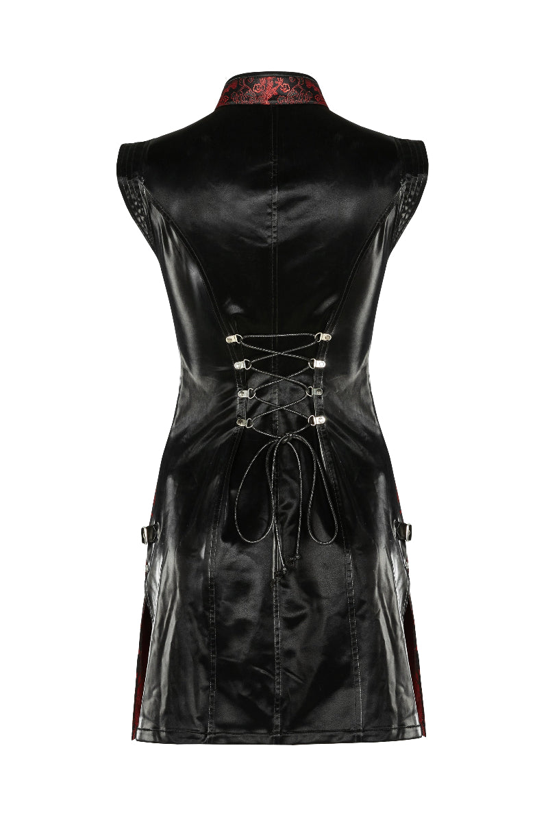 Back flat view of a cheongsam-style cyberpunk mini dress with black satin panel and lace-up corset detailing