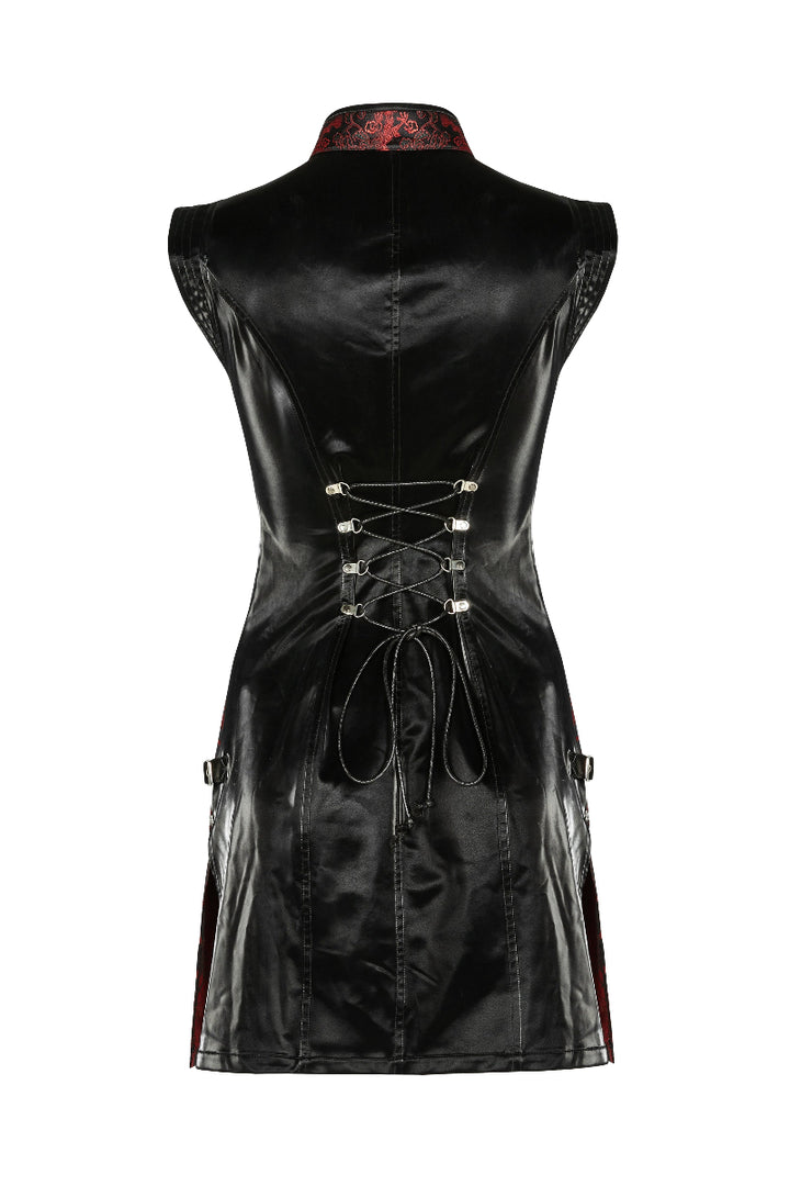 Back flat view of a cheongsam-style cyberpunk mini dress with black satin panel and lace-up corset detailing