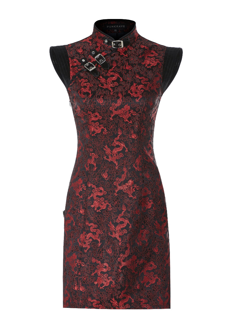 Front flat lay of a red and black cheongsam-style cyberpunk mini dress with dragon pattern and metal buckle collar