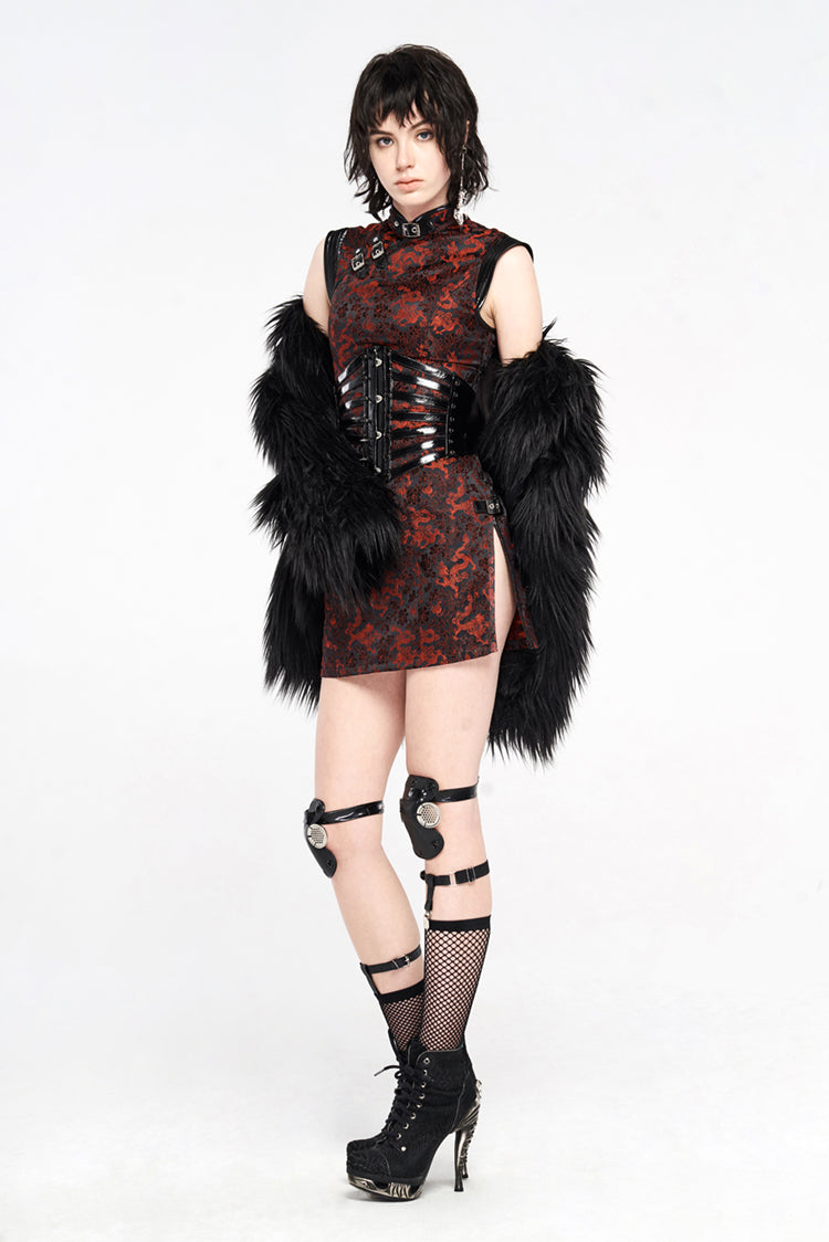 Model styled in a red and black cyberpunk mini dress with waist corset, faux fur jacket, and knee armor for a bold futuristic look