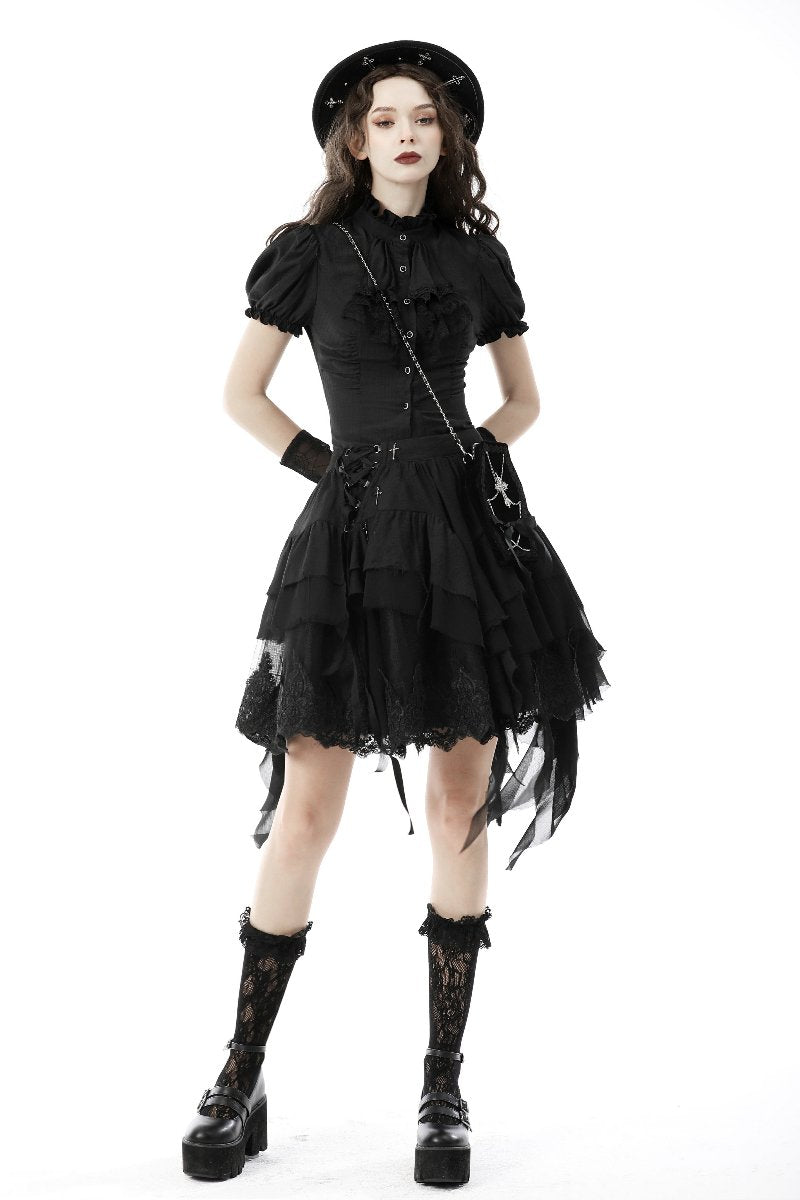 Model wearing Dark in Love IW087 blouse with Gothic skirt and boots – front view