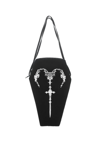 Front view of dark in love abg013 Ritual Mourning Bag in black with white embroidered sigil and coffin-shaped design