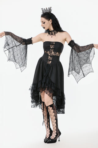 Model wearing a black Gothic lace dress with detachable spiderweb lace arm sleeves, a crown headpiece, and lace-up high heels against a white background.