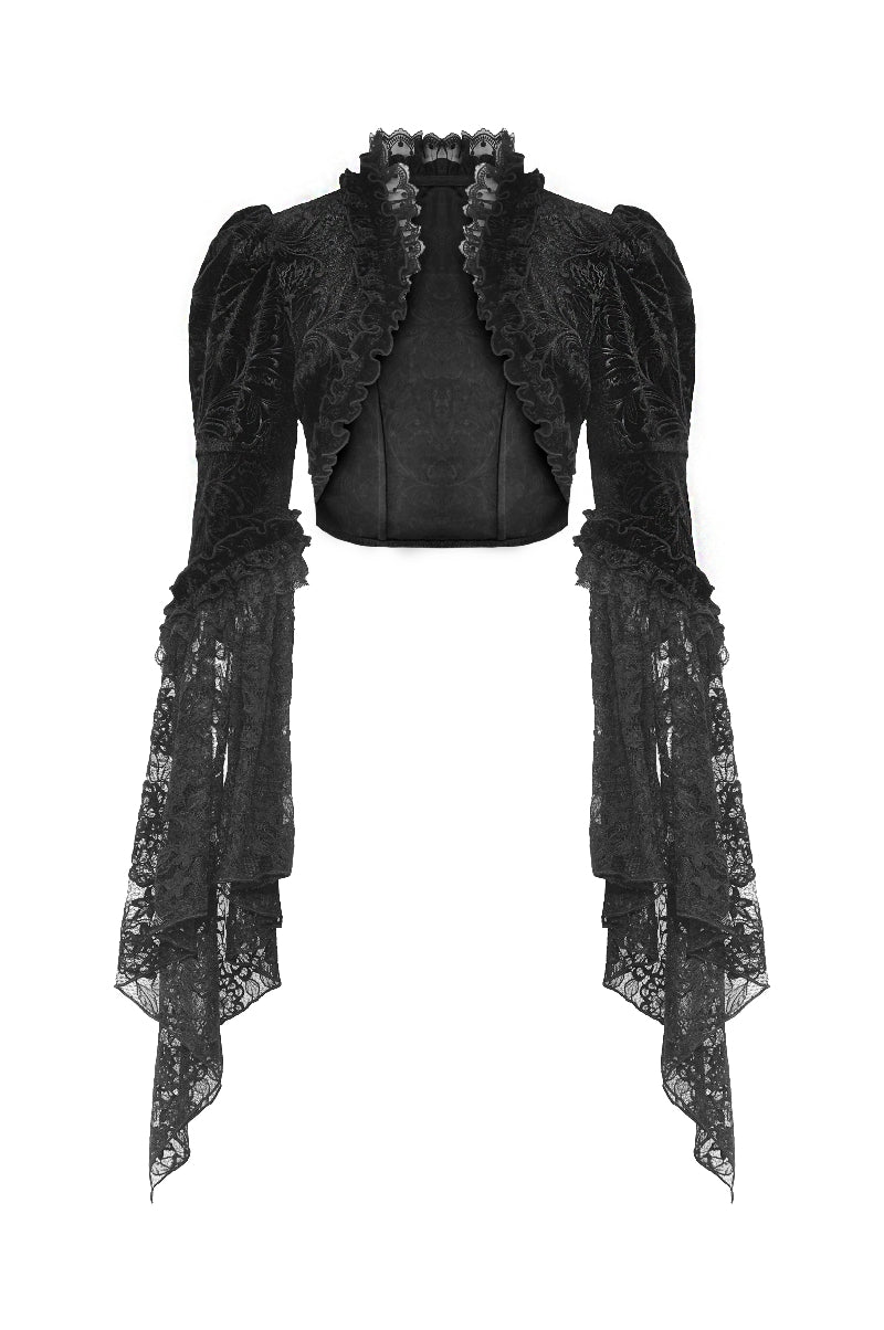 Front view of dark in love bw119 Mooncaller Gothic velvet shrug with long flared lace sleeves and ruffled trim
