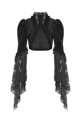Front view of dark in love bw119 Mooncaller Gothic velvet shrug with long flared lace sleeves and ruffled trim
