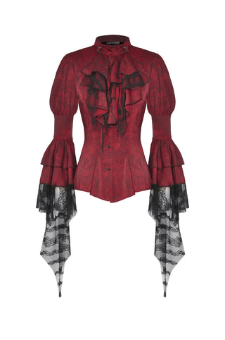 Dark in Love IW119 – red distressed Gothic blouse with ruffled front, high collar, and black lace bell sleeves on a white background.