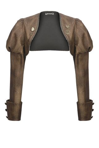 Steampunk Aircaptain styl crop jacket with puff sleeves, brass pins, and buttoned cuffs on a white background