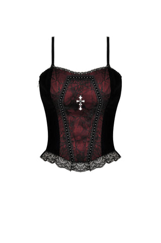 Dark in Love CW037 black and red Gothic corset top with cross pendant, lace trim, and studded details, displayed on a white background