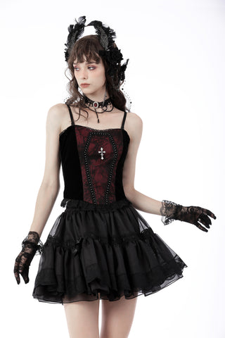 Model wearing Dark in Love CW072 black and red Gothic mini dress with lace accessories, posing on a white background