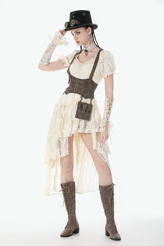 Steampunk corset harness bag worn over a cream lace dress, featuring adjustable straps and a detachable pouch, styled with knee-high boots and a top hat on a white background.