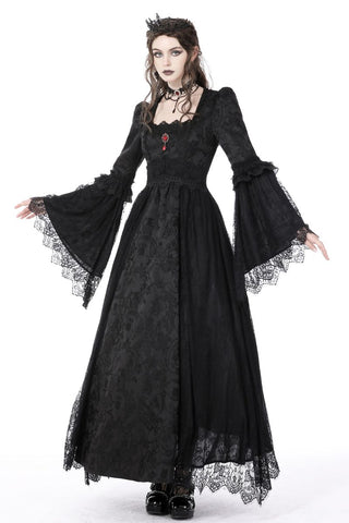 Model wearing dark in love dw-758 black Victorian Gothic dress with lace sleeves and red pendant brooch