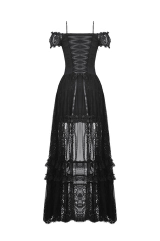  Back view of Gothic high-low gown shown on hanger with lace train
