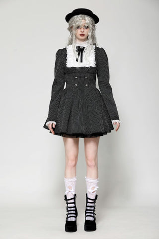 Model wearing Dark in Love DW1031 Gothic pinafore dress with lace bib and pinstripes