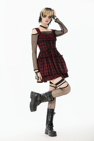 Red tartan mini dress with layered skirt and lace-up waist
