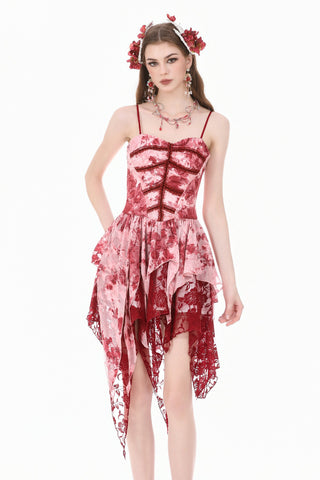 Model wearing the Bloody Romance red-and-white ghost bride dress with a corset bodice and asymmetric lace skirt