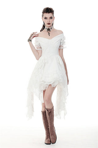 Ivory Steampunk wedding dress with off-shoulder neckline and high-low lace skirt