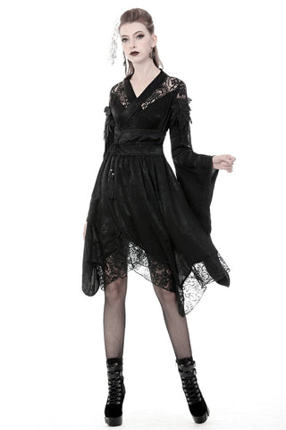Model wearing the Onna-Bugeisha Kimono Gothic Dress by Dark In Love (DW380), front view with lace and feather detailing