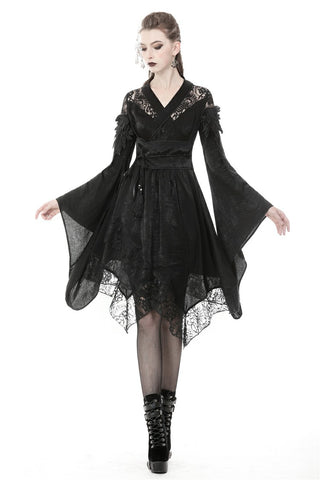 Side view of DW380 dress showing dramatic bell sleeves and lace trim