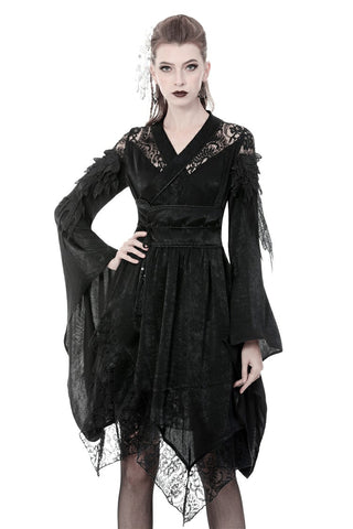 Three-quarter view of Onna-Bugeisha Dress by Dark In Love (DW380), model showcasing feathered sleeves