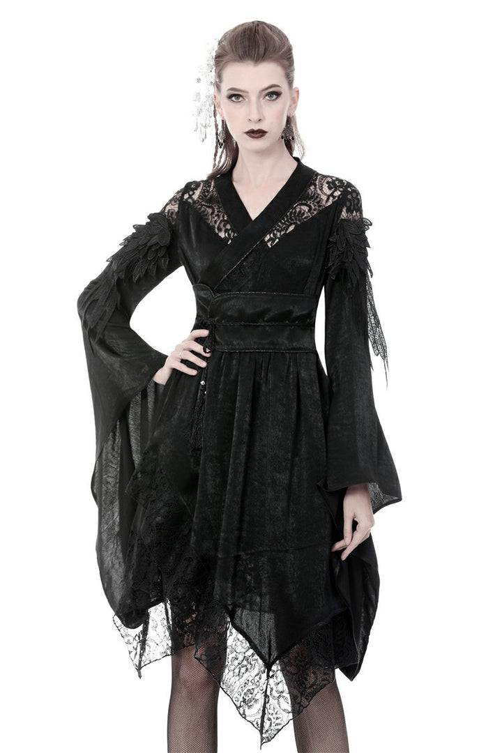 Three-quarter view of Onna-Bugeisha Dress by Dark In Love (DW380), model showcasing feathered sleeves