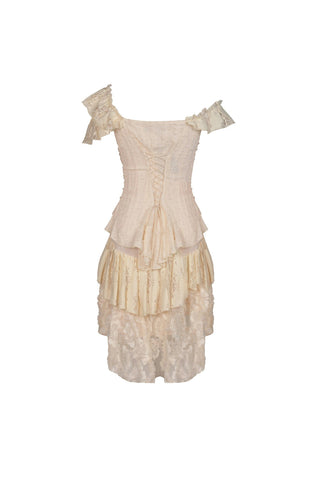 Vintage-style cream dress with lace details on a white background