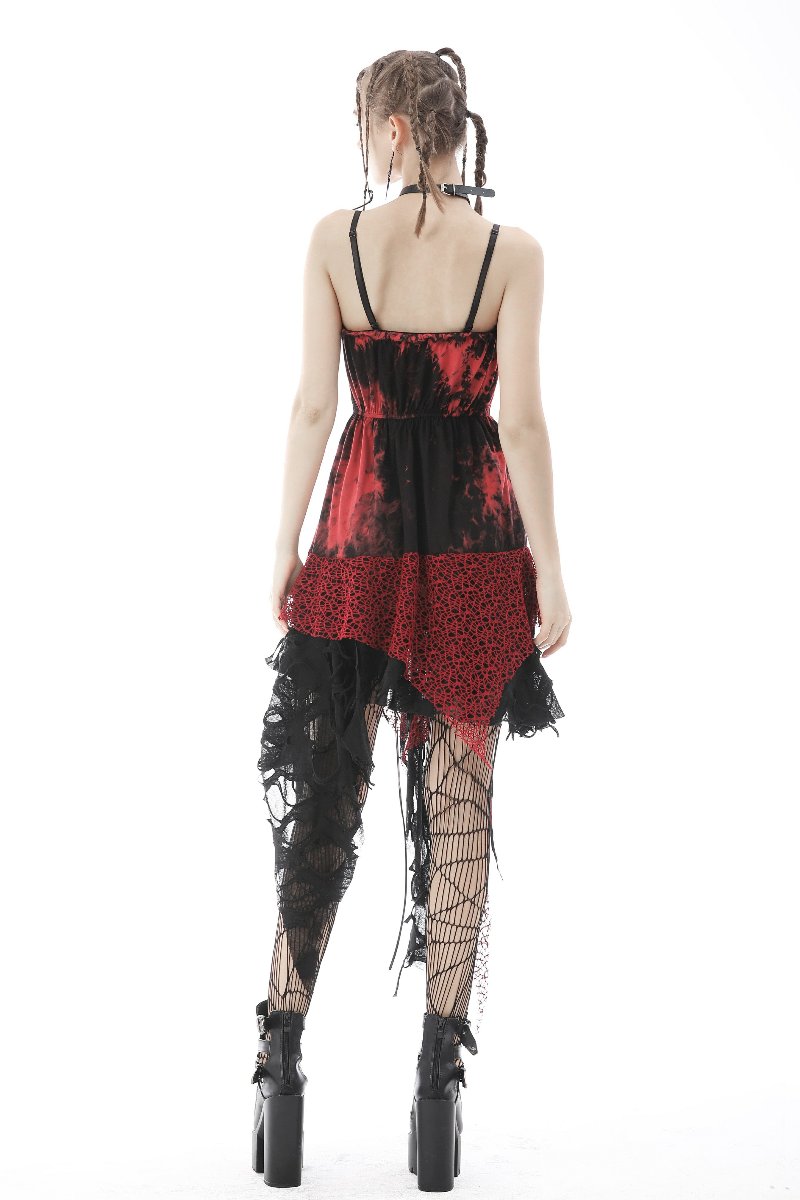 Dark in Love DW585 Red Tie-Dye Punk Dress Distressed Gothic Style Asymmetric Hem L/XL Dark in Love DW585 Red Tie-Dye Punk Dress Distressed Gothic Style Asymmetric Hem L/XL