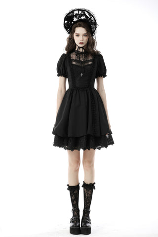 Model wearing the Dark in Love DW651 black romantic gothic mini dress with a sheer lace neckline, puff sleeves and flared skirt.