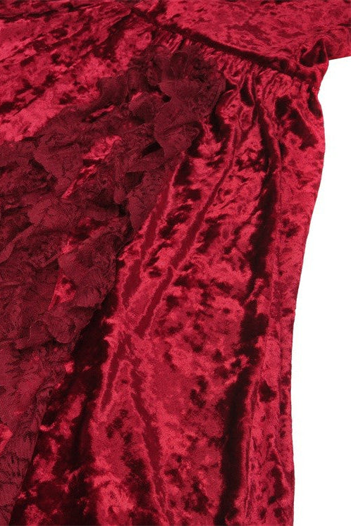 Close-up of cascading lace ruffles and red velvet fabric on the skirt of Dark in Love DW757 Blood Rose Ballgown