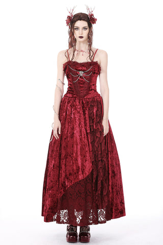 Model wearing Dark in Love DW757 Blood Rose Ballgown – red velvet Gothic vampire  formal dress with lace details and bat charm