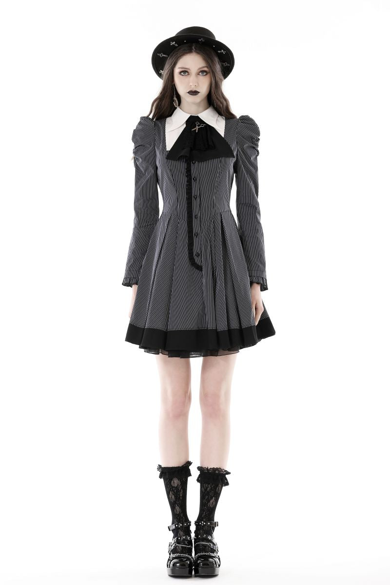 Model wearing dark in love dw845 Gothic striped dress with puff sleeves and jabot