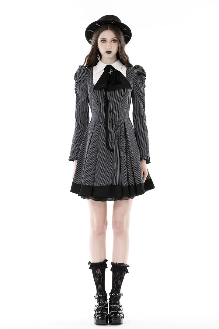 Model wearing dark in love dw845 Gothic striped dress with puff sleeves and jabot