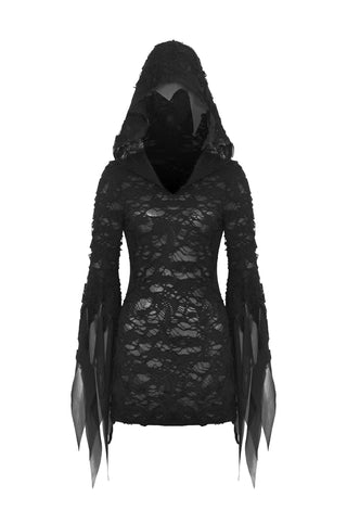 Night Wraith black distressed knit hooded mini dress with layered flared sleeves, front view