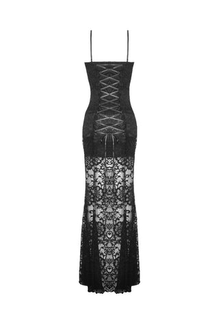 Dark In Love DW935 Seductress Evening Dress flat back view with lace-up corset detail and sheer lace lower half