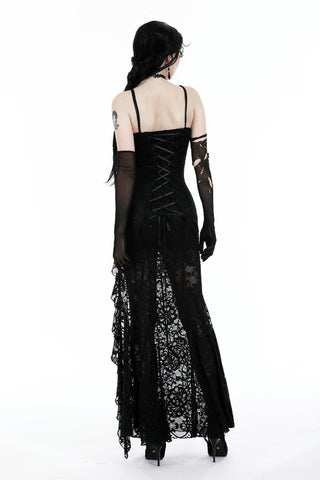 Model showing back view of Dark In Love DW935 Seductress Evening Dress with lace-up detail and sheer lace panels