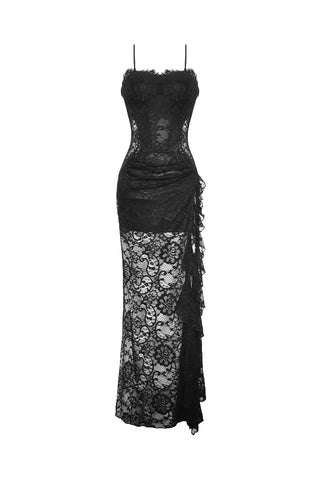 Dark In Love DW935 Seductress Evening Dress flat lay showing full front view, lace fabric and ruched detailing