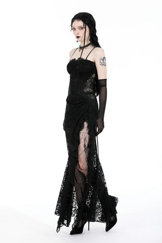 Model wearing Dark In Love DW935 Seductress Evening Dress in black lace with sheer side slit and fitted silhouette