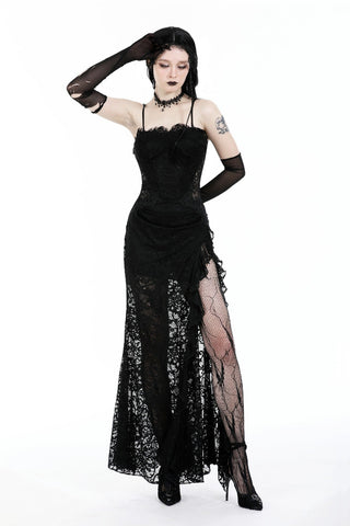 Model wearing Dark In Love DW935 Seductress Evening Dress with one hand raised, showcasing sheer lace slit and gothic styling