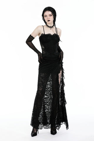 Model in Dark In Love DW935 Seductress Evening Dress posing with hands on waist, showing black lace and side slit detail