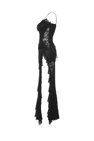 Dark In Love DW935 Seductress Evening Dress flat side view showing sheer lace, ruffle slit, and fitted bodice