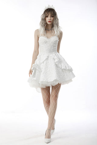 Woman wearing Dark in Love DW935 white Gothic wedding lace dress with layered high-low skirt