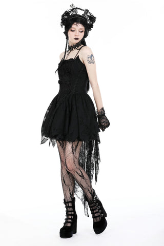 Black Gothic lace high-low dress with spaghetti straps and rose lace detailing, front and back view on white background