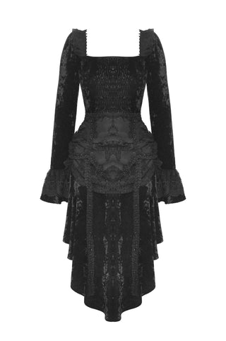 Back view of black Gothic velvet dress with flared long sleeves, square neckline, and ruched high-low skirt – laid flat on white background.