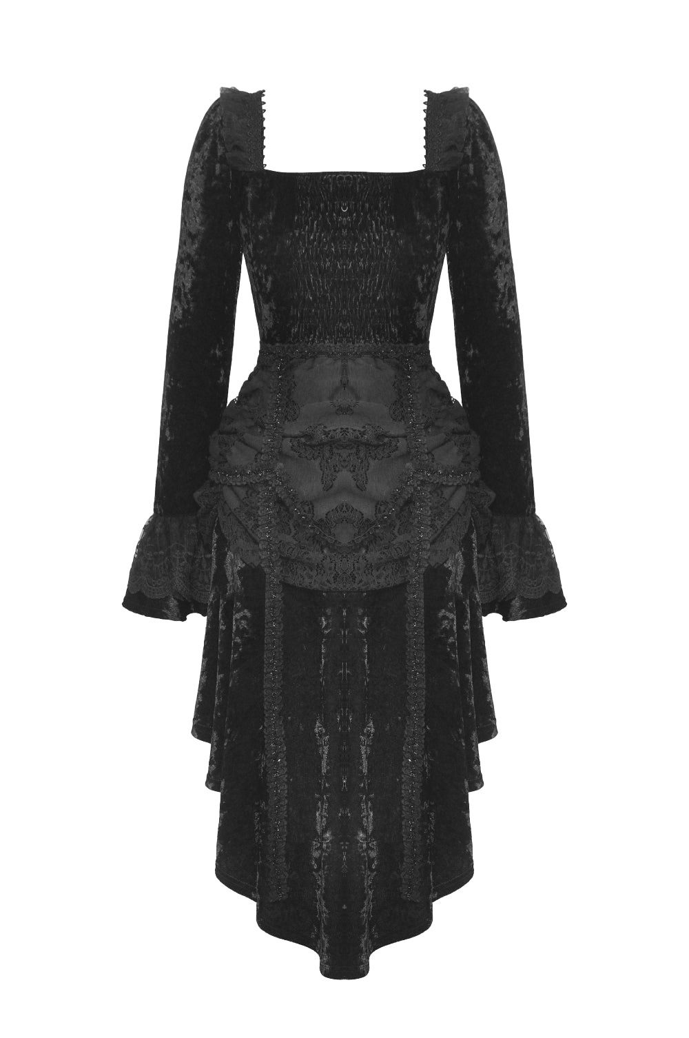 Front view of black Gothic dress with lace trim, puff shoulders, and flared cuffs on a white background.