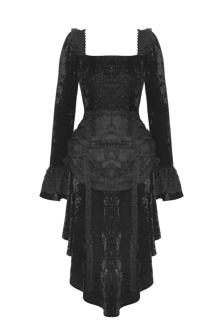 Front view of black Gothic dress with lace trim, puff shoulders, and flared cuffs on a white background.